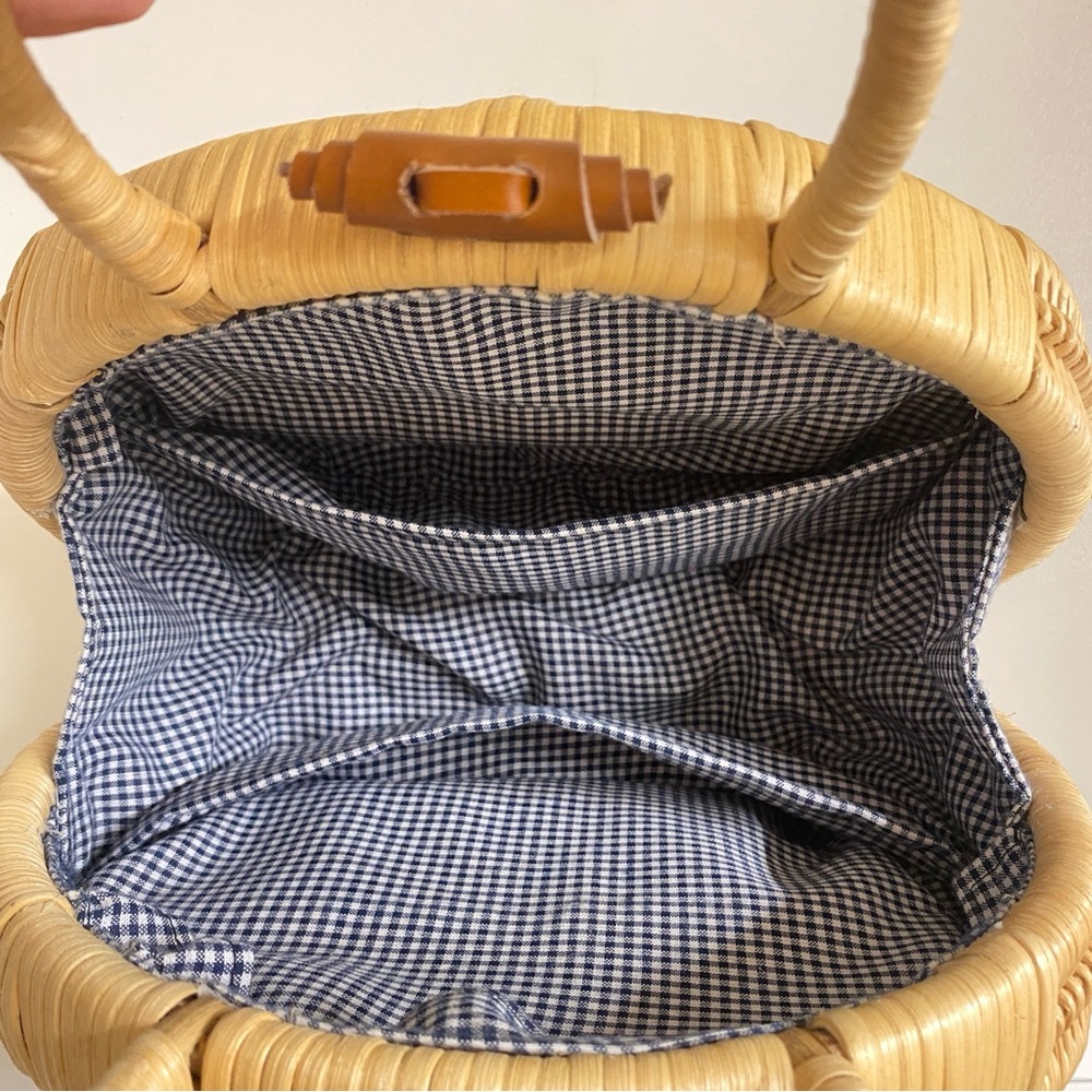 Anthropologie | NWOT Mini Rattan Suitcase Satchel Purse Basket Bag Blue Gingham - Picture 10 of 10